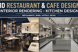design 3d restaurant, café, kitchen, bar and retail interior rendering