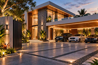 design realistic car park driveway facade exterior rendering