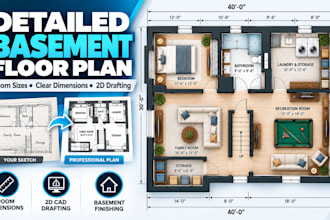 draw detailed basement finishing floor plan with room sizes and dimensions