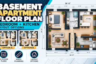 design basement apartment floor plan with bedroom and kitchen layout options
