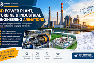 create a 3d power plant, turbine and industrial engineering animation