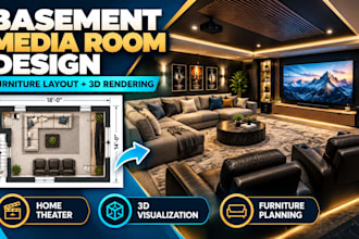 design basement media room home theater furniture layout and 3d rendering