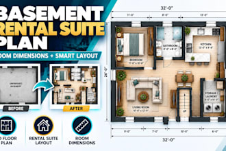 design basement rental suite floor plan with room dimensions and layout