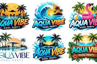design a professional swimming pool, summer, tropical, beach pool party logo