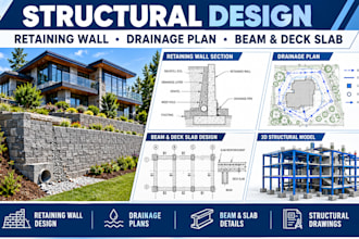retaining wall design, drainage plans, beam and deck slab design