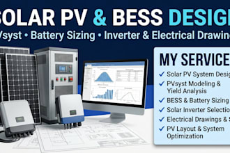 do solar pv bess design, pvsyst, battery sizing, inverter and electrical drawing