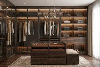 design 3d walk in closet with custom wardrobe, closet island and smart storage