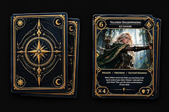 design card game illustration, tcg cards, tarot tuck box, rigid box with dieline