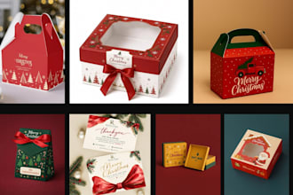 design festive holiday packaging, product labels and gift boxes