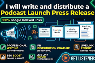 write podcast launch press release and distribute to google news for seo traffic