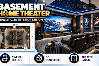 design basement home theater with realistic 3d rendering and seating layout