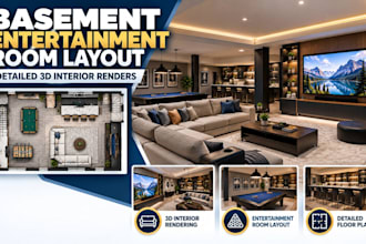 design basement entertainment room layout with realistic 3d interior renders