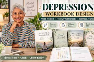 design depression workbook, mood tracking journals and therapy worksheets