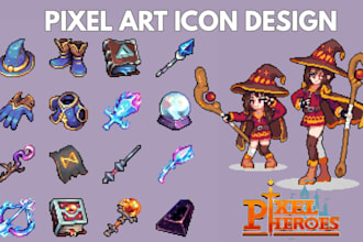 design pixel art icon and UI kit with hud, inventory and item icons for games