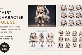 design a cute chibi character or kawaii character for stickers and avatars
