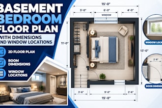 draw basement bedroom floor plan with dimensions and window locations