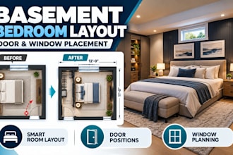 design basement bedroom layout with door and window placement