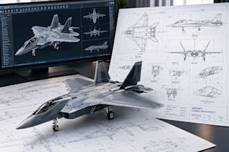 model aircraft and drone parts in 3d cad with technical drawings