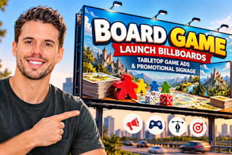 design board game launch billboards, tabletop game ads and promotional signage