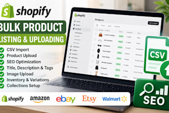 shopify bulk product listing, uploading sync for ebay amazon csvimport with SEO