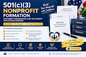 assist with 501c3 nonprofit formation and irs tax exemption applications