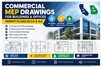 create commercial mep drawing for building office and permit plan in ca, ga