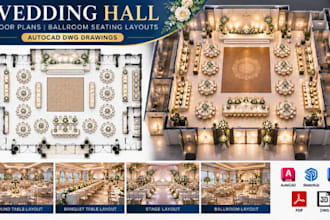 create wedding hall floor plans, ballroom seating layouts autocad dwg drawings
