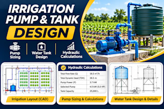 design irrigation pump sizing, water tank and hydraulic calculations