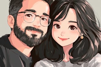draw cute anime couple character art for gift, anniversary