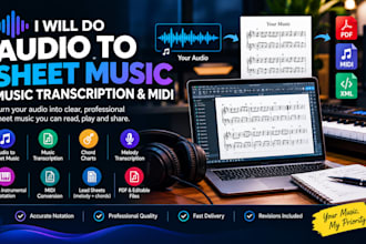 audio to sheet music, music transcription and midi with fast turnaround