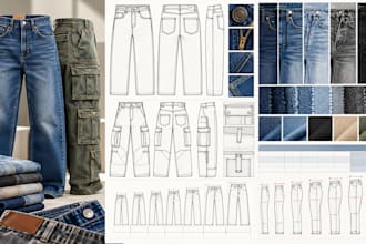 create denim tech pack, jeans cad flats, cargo pants, size grading, factory spec