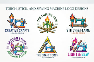 create a torch, stick, and sewing machine logo design