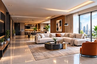do 3d apartment interior design living room and luxury swimming pool rendering