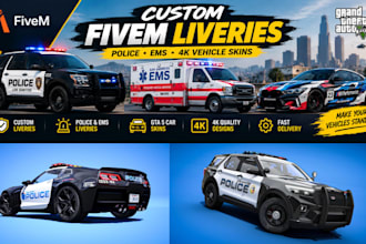 design custom fivem vehicle liveries, police ems car skins, 4k gta 5 wraps fivem