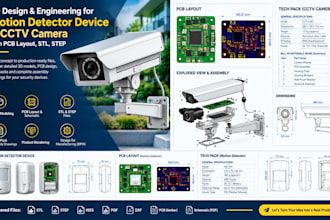 create 3d design motion detector device, cctv camera with pcb layout, stl, step