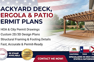 design backyard deck plans, pergola, and patio permit plans