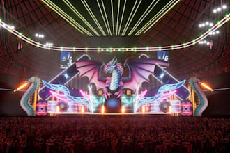 visualize live concert stage,edm festival stage,3d scenography, arena discolight