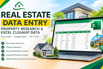 real estate data entry, estate property research, excel cleanup data for agent