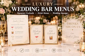 design luxury wedding bar menus and signature cocktail signs