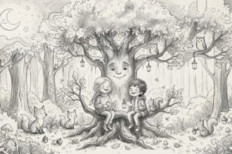 draw whimsical watercolor children storybook illustration, book cover for KDP