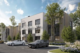 produce exterior realistic render for building, home, cgi apartment, 3dwarehouse