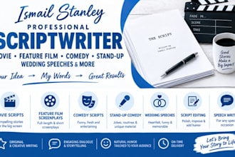 write movie scripts, screenplays, TV series, comedy scripts, and punch up speech