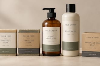 design handmade soap, liquid soap, body wash labels and soap packaging