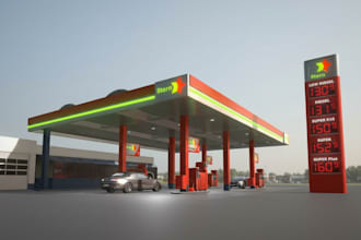 design 3d gas station, 3d realistic fuel and filling station rendering, 3d park