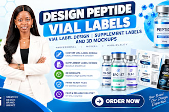 design peptide vial labels, vial label design supplement labels and 3d mockups