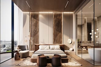 create modern interior design, living room, kitchen bedroom realistic rendering