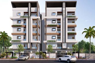 develop 3d family apartment building, canted facade design, house remodeling