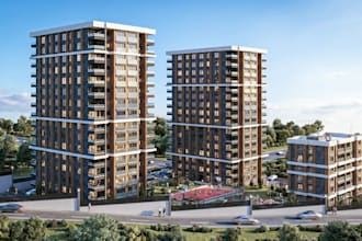 render 3d high rise building,apartments exterior visual,parking lot,d5 amenities