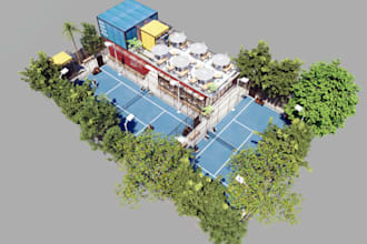 redesign paddle court, basketball court visualization, tennis court 3d rendering