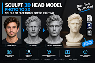 sculpt 3d head model, photo to 3d, stl file 3d face model for 3d printing